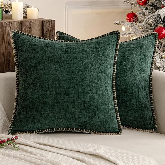 MIULEE Pack of 2 Christmas Pillow Covers 24x24 Inch Dark Green Farmhouse Decorative Throw Pillow Covers with Stitched Edge Soft Chenille Solid Dyed Couch Pillow Covers for Sofa Bed Living Room-Ruum Studio Home