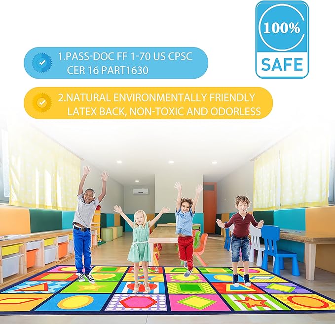 Booooom Jackson Seating Classroom Rug for Kids Room Seating Décor, 7'54''x13'12'' Vibrant Geometric Patterns Large Preschool Carpet Seating Rug for Teaching and Playroom, Non-Slip Rubber Backing-Ruum Studio Home