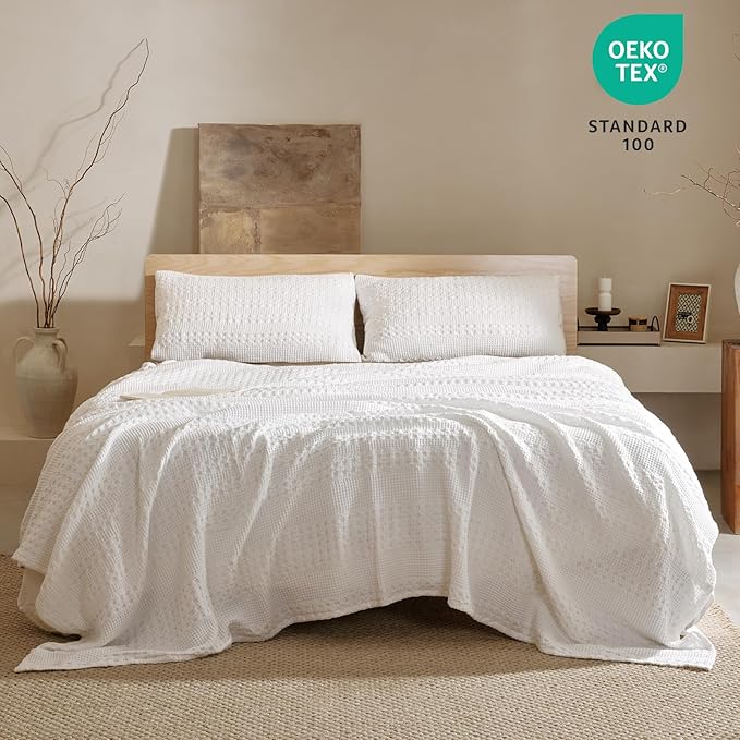 PHF 100% Cotton Waffle Weave Blanket Twin Size, Soft Lightweight Breathable Cozy Summer Blankets for Bed, Luxury Aesthetic Woven Bedding for Home Decor, 66"x90", White-Ruum Studio Home