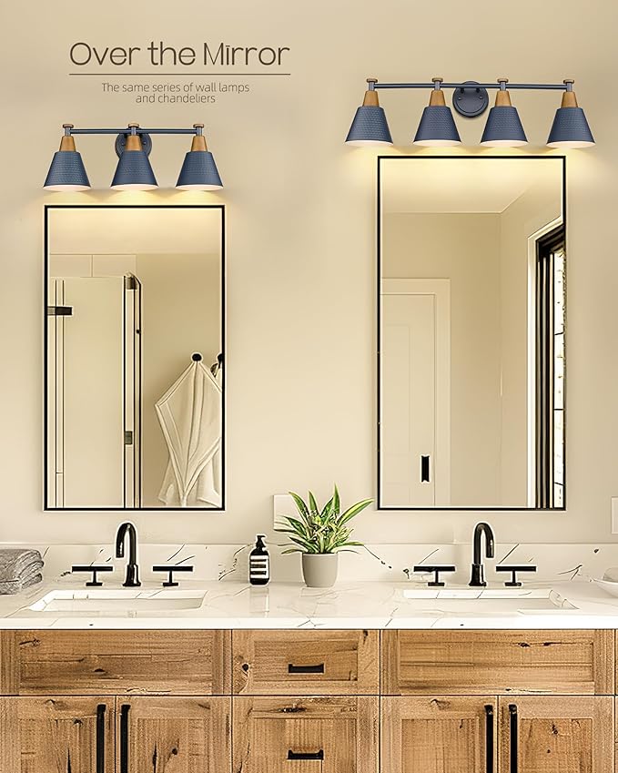 FEMILA 4-Light Bathroom Light Fixtures, Farmhouse Modern Vanity Lights Wall Lamp with Hammered Metal Shade Finish, Dark Blue, 4FG59B-4W Blue-Ruum Studio Home