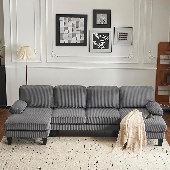 Karl home U-Shape Sectional Sofa Couch 111" Modern 4-Seat Sofa with Chaises Corduroy Fabric Upholstered Covertible Couch with Wood Grain Legs for Living Room, Reception Room, Apartment, Dark Gray-Ruum Studio Home