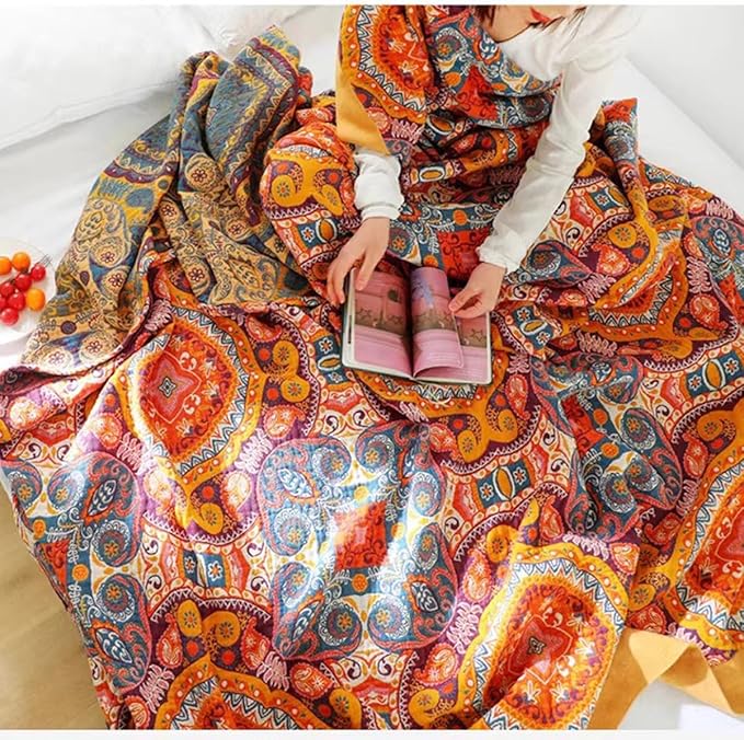 Boho Muslin Blanket for Adults 4-Layer Gauze 80 x 90 Inches Soft Cozy 100% Cotton Summer Cooling Blanket Geometric Floral Decor for Sofa Bed Coverlet Both Sides (A Boho Figure Orange, 80 x 90 in)-Ruum Studio Home