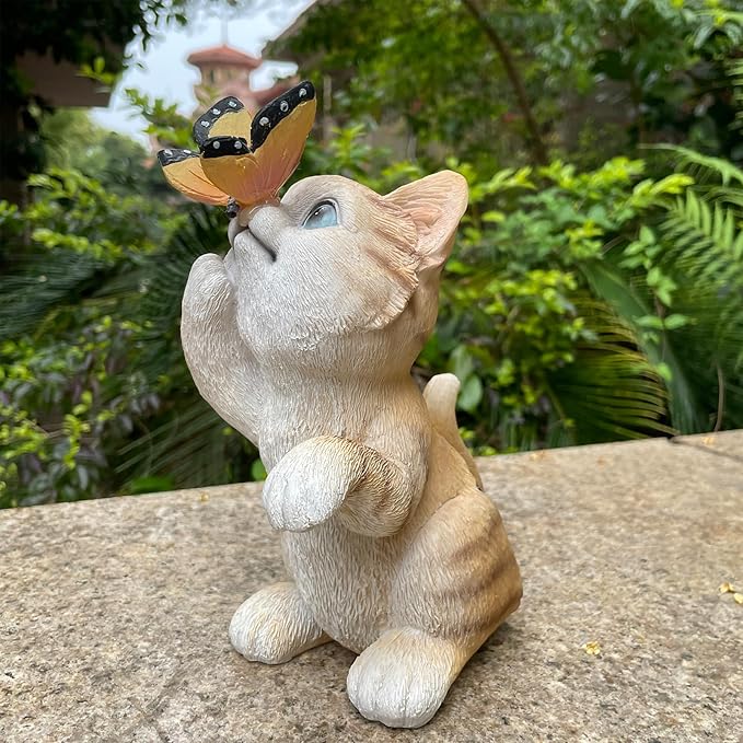 Garden Decor Solar Cat Figurines Cat Lover Gifts with LED Butterfly Lights for Indoor Outdoor Decor for Yard Garden Patio Decor Gifts for Women Grandma Mother's Day Birthday-Ruum Studio Home