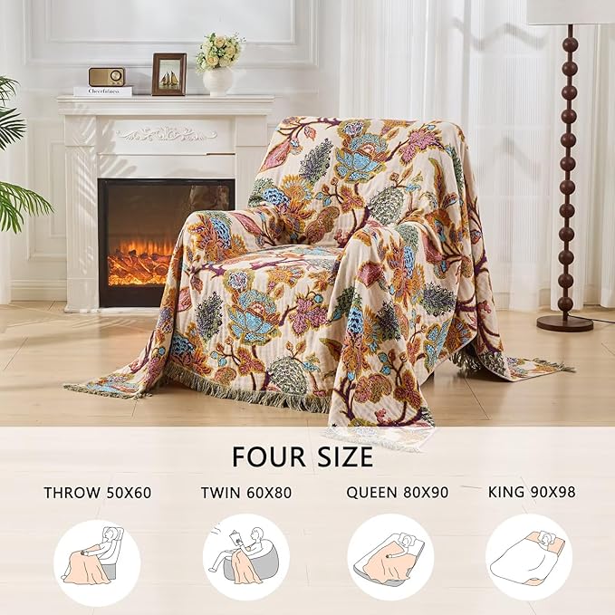 Boho Throw Blanket for Bed, Sofa,Cozy Lightweight Fall Blanket,100% Cotton Southwestern Farmhouse Floral Decor, Reversible Rustic Blanket, Chair, Picnic Throw Blanket,50"x60"-Ruum Studio Home