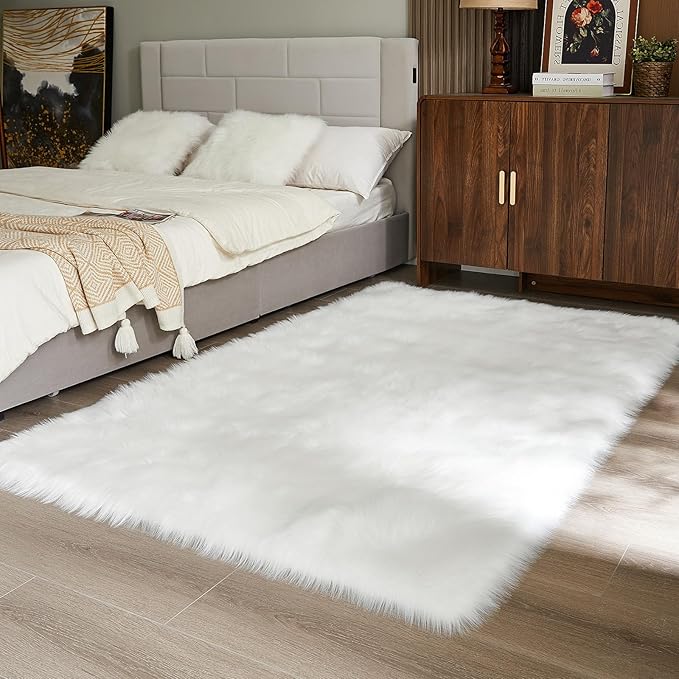 AMTOVO Faux Fur Sheepskin Rug for Living Room, 4 x 6 ft White Fluffy Area Rug for Bedroom, Playroom, Luxury Room Decor, Rectangle-Ruum Studio Home