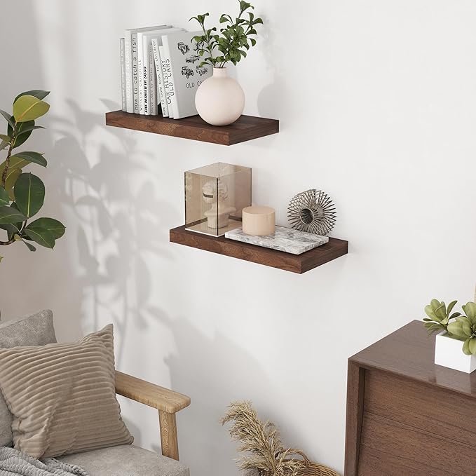 Fun Memories 16 Floating Shelves for Wall, 9 Inch Deep Floating Shelf for Bathroom, Rustic 16 x 9 Floating Shelf for Kitchen, Bedroom, Wide Wooden Shelves Wall Mounted, Walnut Color, Set of 2-Ruum Studio Home