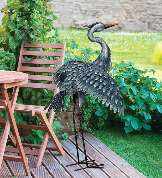 Regal Art & Gift Outdoor Garden Décor, Unique Bird Sculpture, Rustic Metal Bird Statues, Garden Ornaments, Bird Figurine for Lawn, Decorative Sculpture, Heron, Blue, Wings Down, 41"height-Ruum Studio Home