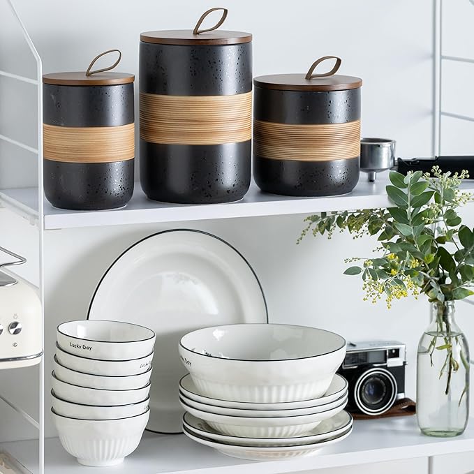 Spice Jars with Lid, Coffee Container Kitchen Food Storage Jars for Spice Sugar Tea Bag, Stackable Decorative Jars for Countertop, Black & 37oz-Ruum Studio Home