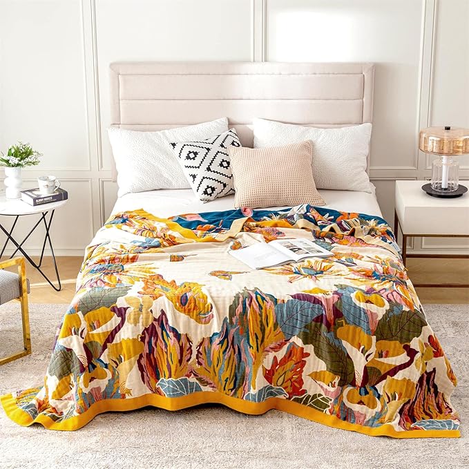 MSGKV Boho Throw Blanket 60''x80'',100% Cotton Blankets for Couch Bed,Cotton Quilt Travel Muslin Blankets Farmhouse Home Decor Soft Lightweight Picnic Blanket-Ruum Studio Home