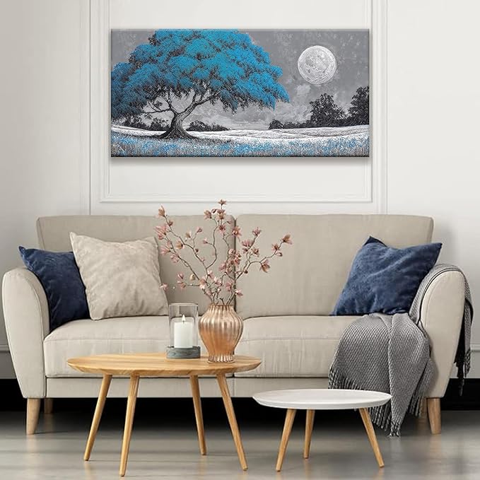 TAIJXAGSG Wall Art For Living Room Blue Tree Moon Canvas Art Wall Decor Artwork Print Painting 20" X 40" Canvas Picture For Bedroom Decor Modern Salon Kitchen Office Hang A Picture-Ruum Studio Home