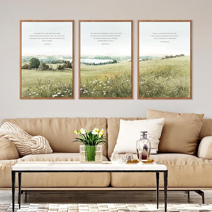 KAIRNE Scripture Christian Canvas Wall Art,Bible Verse Prints Set of 3(16”X24”),Modern Scripture Floral Wall Decor,Framed Green Countryside Field Paintings for Living Room Bedroom Ding Room Decor-Ruum Studio Home