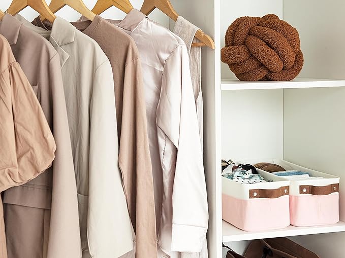 StorageWorks Narrow Storage Bins, Small Basket for Closet and Shelves, Fabric Organizer with Handles, Toilet Paper Storage, Pink and White, 2-Pack-Ruum Studio Home