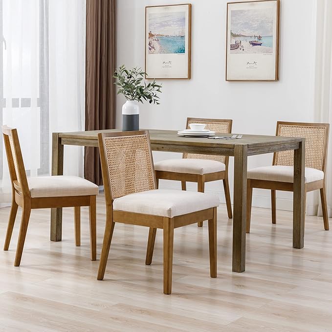 VESCASA Upholstered Dining Chairs with Square Rattan Back, Armless Padded Linen Cushion Dining Chairs with Wood Legs for Dining Room, Kitchen, Set of 4, Natural Frame-Ruum Studio Home