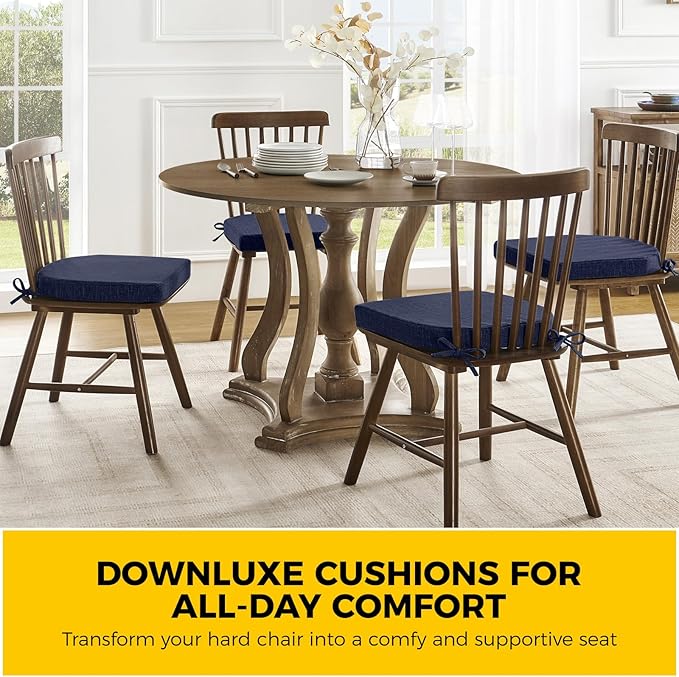 downluxe Indoor Chair Cushions for Dining Chairs, Soft and Comfortable Textured Foam Kitchen Chair Pads with Ties and Non-Slip Backing, 16" x 16" x 2", Navy, 4 Pack-Ruum Studio Home