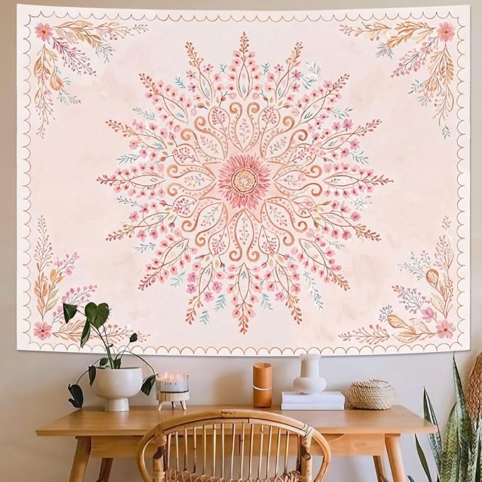 Lunerfex Floral Mandala Tapestry Boho Tapestry for Bedroom Pink Tapestries Wall Hanging Living Room Wall Art and Home Decor 70x90-Ruum Studio Home
