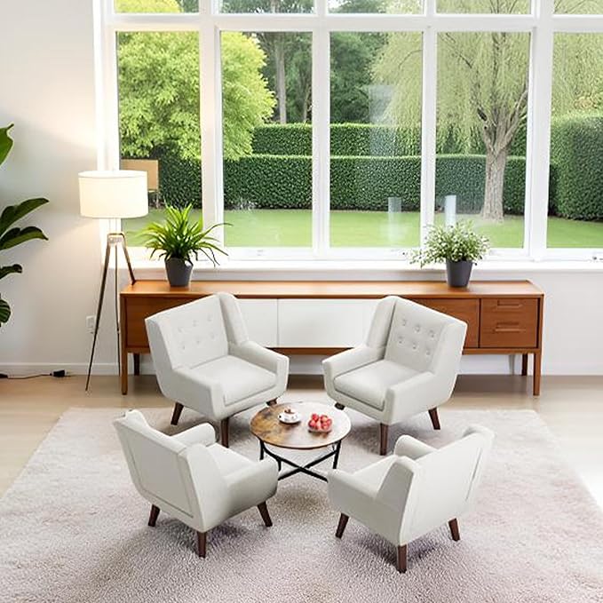 HUIMO Accent Chairs Set of 4, Upholstered Button Tufted Armchair, Linen Fabric Sofa Chairs for Bedroom, Living Room, Mid Century Modern Comfy Reading Chair (4, Beige)-Ruum Studio Home