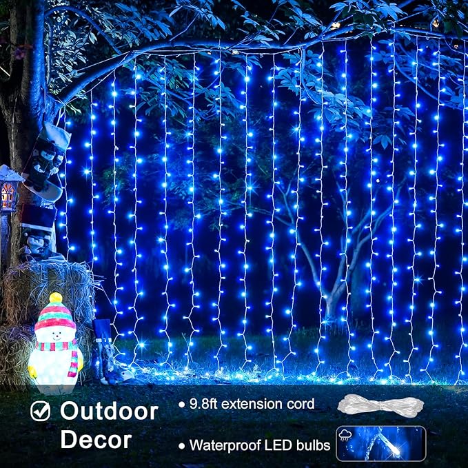JMEXSUSS 300LED Christmas Curtain Lights, Blue Christmas Lights with Remote, Blue String Lights for Bedroom Wall Window Backdrop Garden Indoor Outdoor Patio Yard Porch Decorations, 9.8x9.8ft-Ruum Studio Home