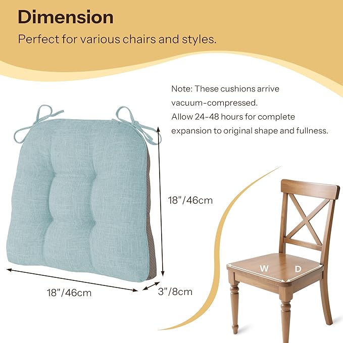 Non Slip Chair Cushions for Dining Chairs Set of 4 Kitchen Chair Cushions 18"x18"x3" Turfted Chair Pads Comfortable and Soft Seat Cushion with Ties, Aqua Blue-Ruum Studio Home