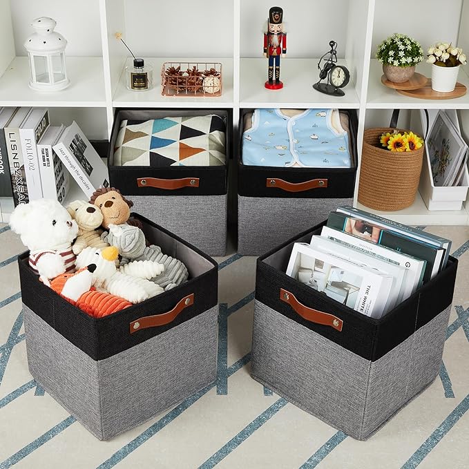 HNZIGE Cube Storage Baskets,Fabric Storage Cubes 12 x 12, Set of 4,Decorative Storage Baskets for Organizing with Handles,Closet Bins for Shelf Organizer Home Toy Nursery Closet(Black Gray)-Ruum Studio Home