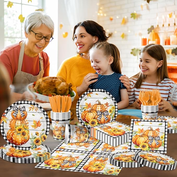 Fall Party Decorations,144Pcs Fall Thanksgiving Tableware Set Includes Plates,Napkins,Knife,Fork Black and White Buffalo Plaid Pumpkin Theme Decorations for Autumn Harvest,Thanksgiving Day-Ruum Studio Home