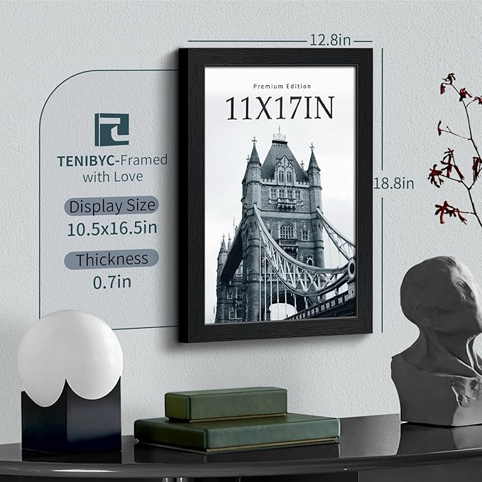 11x17 Picture Frame 3 Pack - Black Woodgrain, Solid Wood & HD Tempered Glass, Wall Gallery Poster Frame-Ruum Studio Home