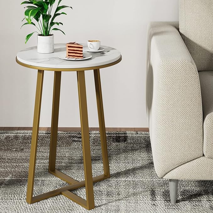 Round End Tables, Small Side Table White Marble Texture MDF Top,Metal Frame Gold Color, Tall End Table for Bed Room,Coffee Tea End Table for Living Room (White Marble+Gold)-Ruum Studio Home