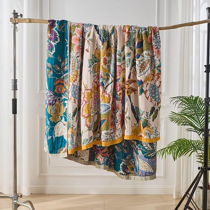 Ultra Soft Lightweight Cotton Quilts,Cozy Summer Boho Throw Blankets,Lightweight Reversible Muslin Blanket Decor Blankets for Armchair Travel, 80"x90" Large Muslin Mexican Throw Blanket-Ruum Studio Home