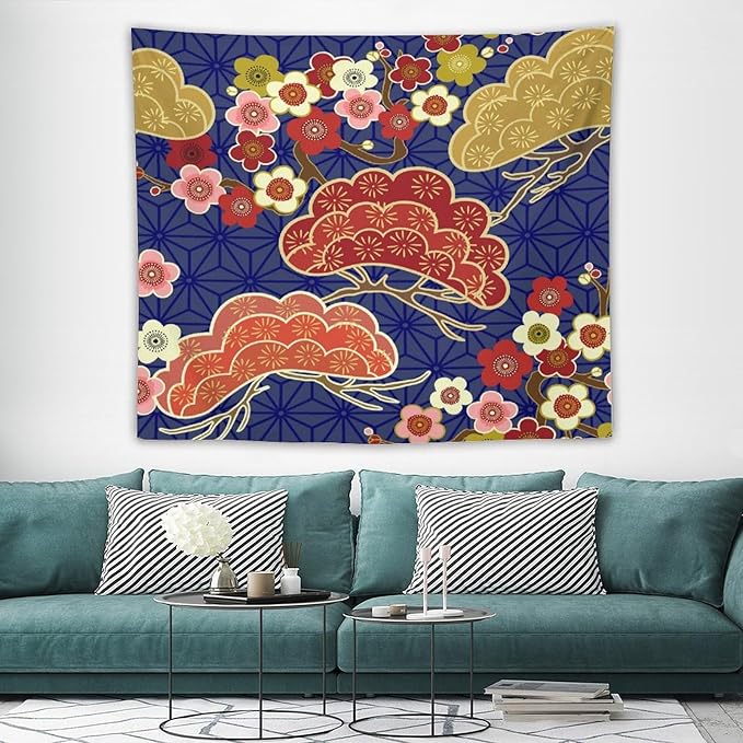 HZOHNAGO Japanese Tapestry Art Abstract Colorful Cherry Blossom Blue Background Pattern Printed Wall Tapestry Painting Wall Hanging for Bedroom Living Room Dorm 60" W x 50" H-Ruum Studio Home
