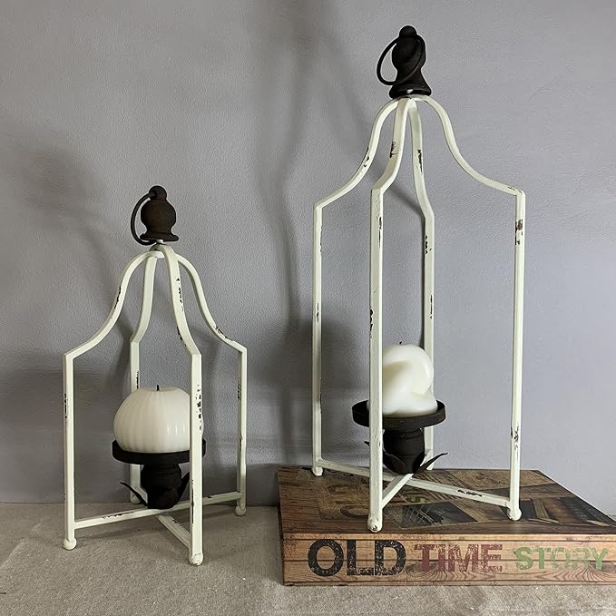 Large Tall Shabby Chic Lanterns Decorative Indoor Outdoor, Outside Gifts Front Porch Patio Vintage Metal Candle Holders, Fireplace Table Floor Farmhouse Rustic Decor Set of 2-Ruum Studio Home