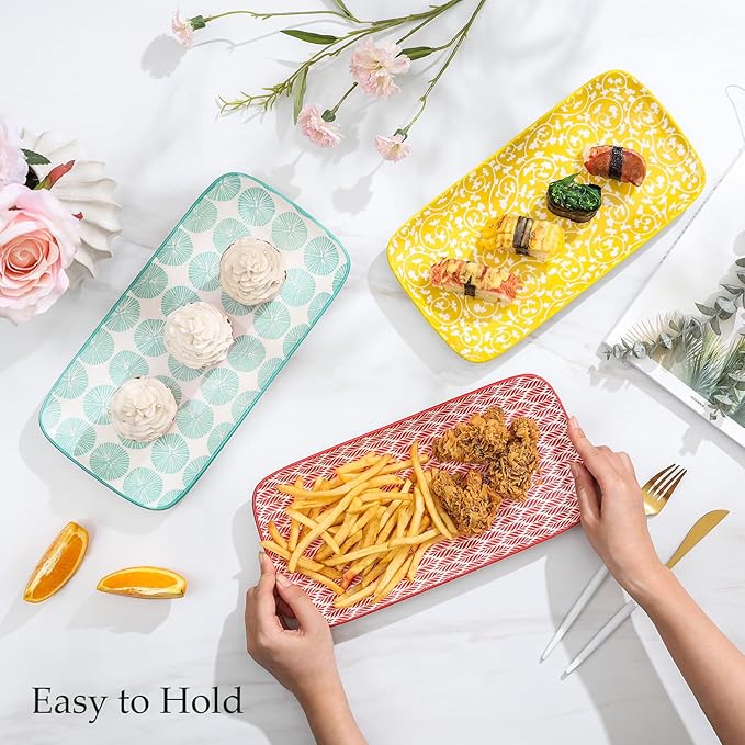 Selamica Ceramic Rectangular Serving Platters Set of 4, 12 Inch Serving Trays/Dishes for Party Entertaining, Rectangular Dinner Plates for Appetizer Salad Dessert Sushi, Assorted Colors-Ruum Studio Home
