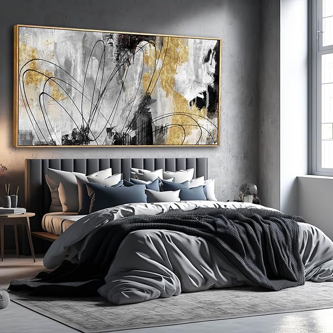 Large Canvas Wall Art Gold Abstract Paintings 29x58 Inch Wooden Framed Artwork Black Line Painting for Bedroom Bathroom Home Decor-Ruum Studio Home