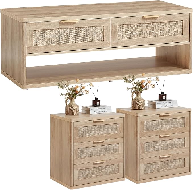 LEYAOYAO Boho Rattan Coffee Table and End Table Sets, 48" Wide Center Tables & 23" Night Stand with 3 Drawers, Natural Wood Coffee Table for Living Room 3 Piece Set-Ruum Studio Home