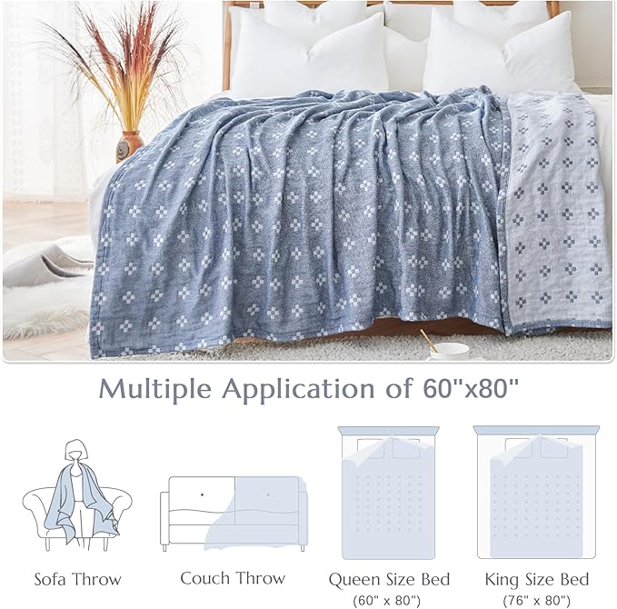 jinchan Boho 100% Cotton Blanket Muslin Lightweight Twin Size Quilted Throw Blanket for Couch Soft Cozy All Season Blanket 3-Layer Floral Throw Cotton Blanket for Bedroom Decor Blue 60x80 Inches-Ruum Studio Home