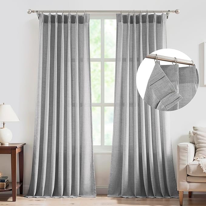 FMFUNCTEX Pinch Pleated Curtains 96 Inches Long for Living Room, Dove Grey Semi Sheer Faux Linen Textured Pleat Drapes for Bedroom with Hooks, Light Filtering Farmhouse Window Drapes 2 Panels-Ruum Studio Home