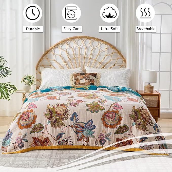 Boho Throw Blanket for Couch,100% Cotton Summer Blanket for Bed, Ultra Soft Rustic Quilt for Bed, Home Decor, Boho Picnic Blankets with Pomegranate for All Seasons 60"x80"-Ruum Studio Home