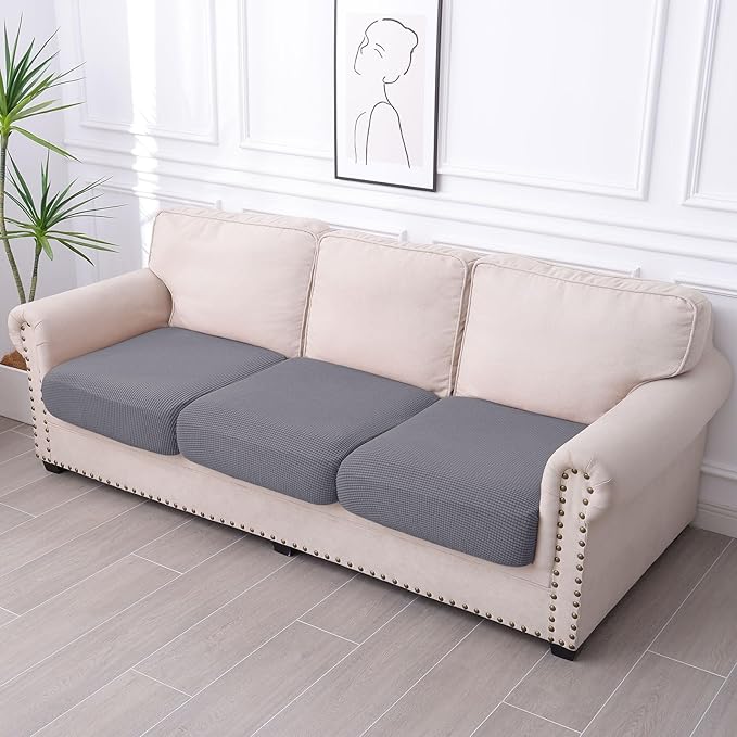 hyha Waterproof Couch Cushion Covers, Washable Sofa Cushion Slipcovers, Thick Stretch Jacquard Fabric, Couch Sofa Covers for Pets with Elastic Bottom (3 Pieces, Middle Grey)-Ruum Studio Home