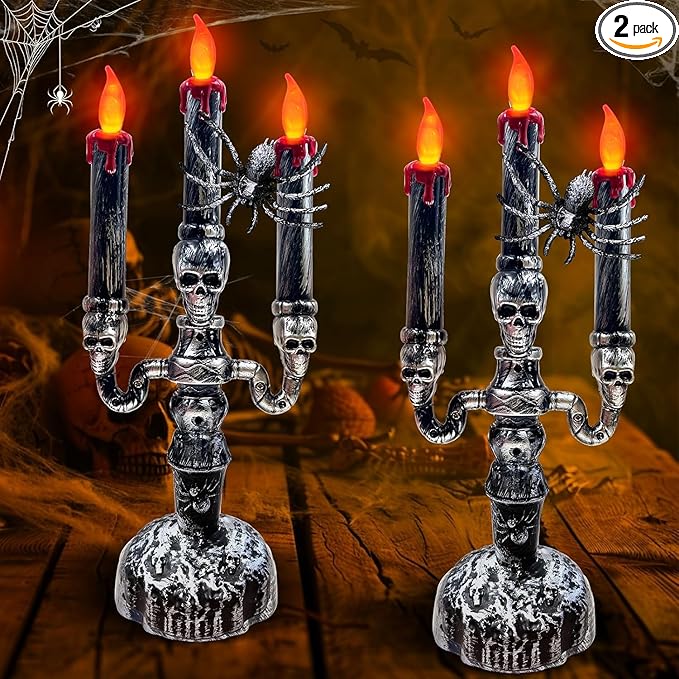 TURNMEON 2 Pack Halloween Candles Halloween Decorations LED Flame Less Candelabra 3-Flickering Lamp Light Up Battery Operated Candles Holder Spider Decor Indoor Table Home Haunted Party-Ruum Studio Home
