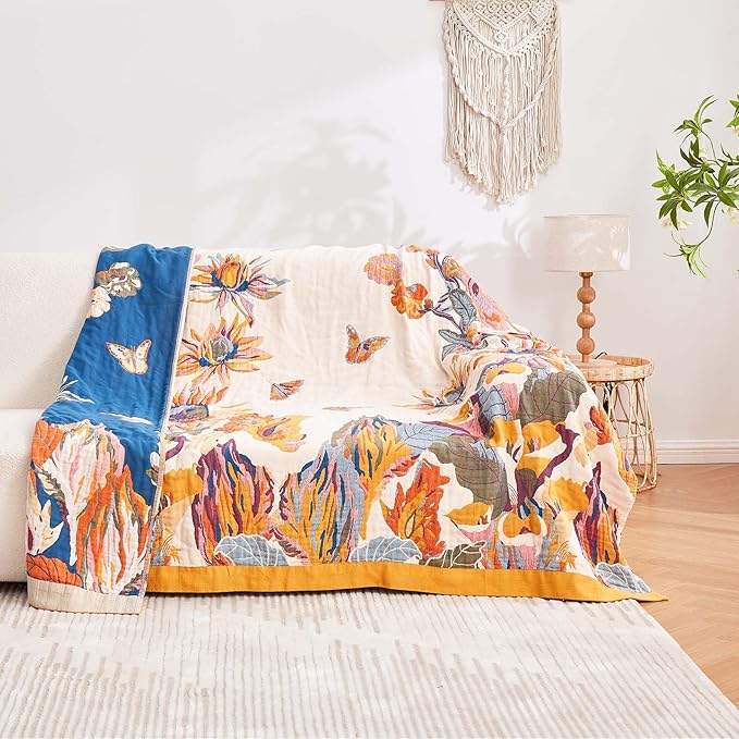Boho Throw Blanket, 100% Cotton Ultra Soft Luxury Throw Rustic Quilt, 50"x60" Floral Bird Butterfly Farmhouse Decor Bed Blankets, All Season Rustic Reversible Bohemian Throw for Bed - Yellow-Ruum Studio Home