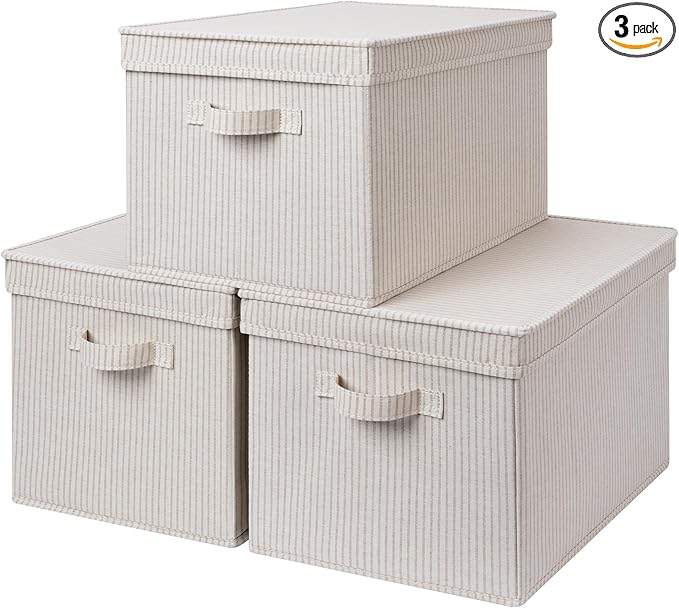 StorageWorks Storage Bins with Lids, Decorative Storage Boxes with Lid and Handles, Foldable Storage Baskets for Closet, Shelves, Stackable, Khaki Stripe, Jumbo, 3-Pack-Ruum Studio Home