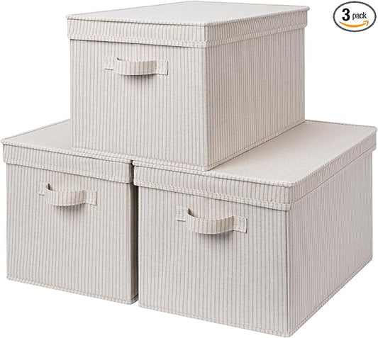 StorageWorks Storage Bins with Lids, Decorative Storage Boxes with Lid and Handles, Foldable Storage Baskets for Closet, Shelves, Stackable, Khaki Stripe, Jumbo, 3-Pack-Ruum Studio Home