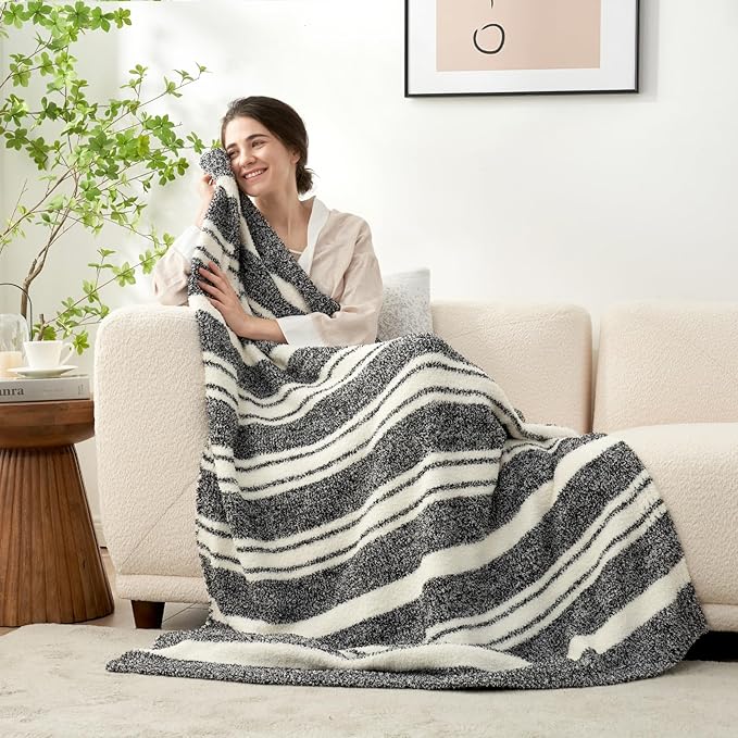 Snuggle Sac Stripe Black Throw Blanket for Couch, Reversible Super Soft Warm Blankets Cozy Knit Fuzzy Plush Lightweight Throws for Sofa, Bed, Stripe Black, 50x60 inches-Ruum Studio Home