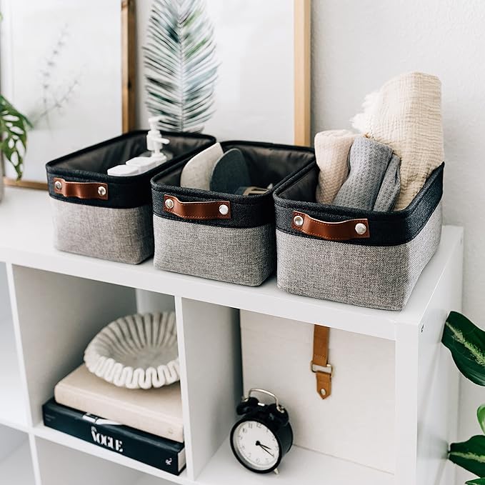 OrganiHaus Small Fabric Storage Baskets for Shelves 3 Pack, 12x8in Closet Storage Bins for Shelves, Cloth Baskets for Organizing, Linen Closet Organizers, Fabric Basket, Gray/Black-Ruum Studio Home