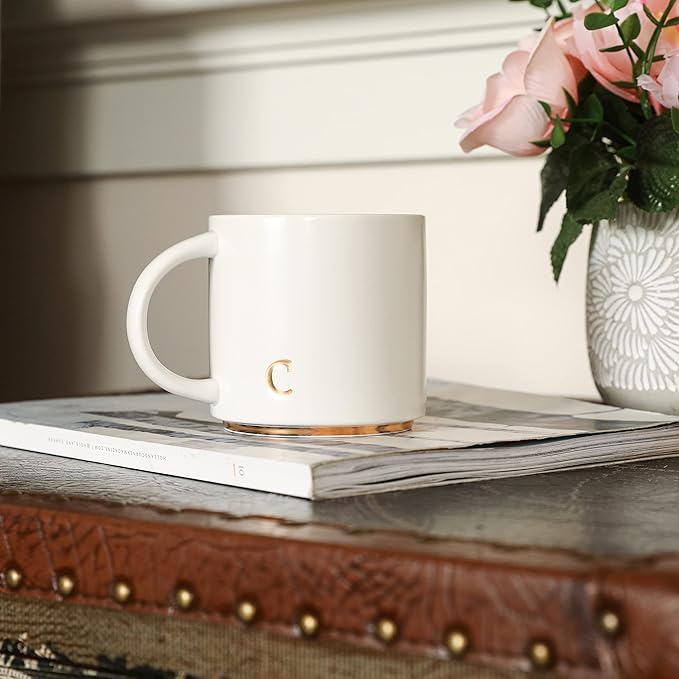 COLLECTIVE HOME - Monogram Ceramic Mugs, 15 oz Golden Initial Coffee Cups, Elegant Alphabet Tea Mugs, Elegant Personalized Mug with Gift Box, Luxurious Cups for Office and Home (c)-Ruum Studio Home