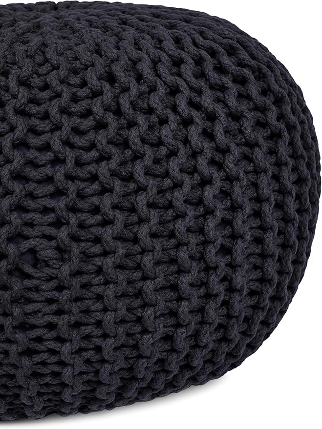 BIRDROCK HOME Round Pouf Ottoman | Cotton Braided Foot Stool with Bean Bag Filling | Boho Foot Rest for Living Room & Bedroom | Compact & Comfortable Seating, Lightweight & Soft | Charcoal-Ruum Studio Home