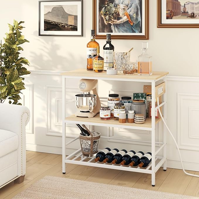 IBUYKE Kitchen Island with Storage, Bakers Rack with Power Outlet,Microwave Stand with Large Worktop,Rolling Bar Cart for Home, Outdoor, Kitchen,Light Wood TMJ029R-Ruum Studio Home