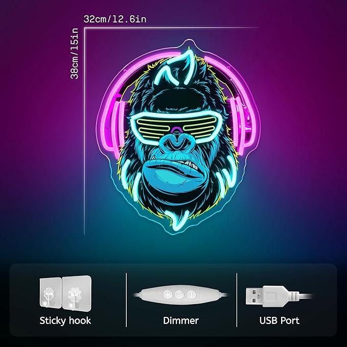 Headphones Gorilla Neon Sign Dimmable Kong Led Neon Light for Wall Decor,Game Room,Man Cave,Home Party Bar Decor,USB Powered Led Sign-Ruum Studio Home