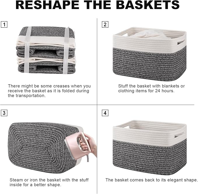 4 Pack Storage Baskets for Organizing, Woven Baskets for Shelves - Perfect for Toys, Books, Towels, and Clothes, Durable Gift Basket Bins Toy Storage, 13''Lx9''Wx7.8''H, Black & White-Ruum Studio Home