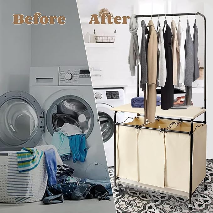 MYOYAY 3 Section Laundry Sorter with Garment Hanging Bar Rack Foldable Ironing Board, Laundry Basket Organizer Heavy Duty Laundry Hamper Rolling Cart with Lockable Wheels and 3 Removable Bags-Ruum Studio Home