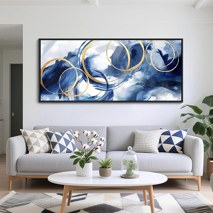 AJAZIKO Blue Abstract Canvas Wall Art Modern Wall Decor Artwork for Walls Living Room Large Painting Office Pictures for Wall Navy Gold Contempor Decorations for Bedroom-Ruum Studio Home
