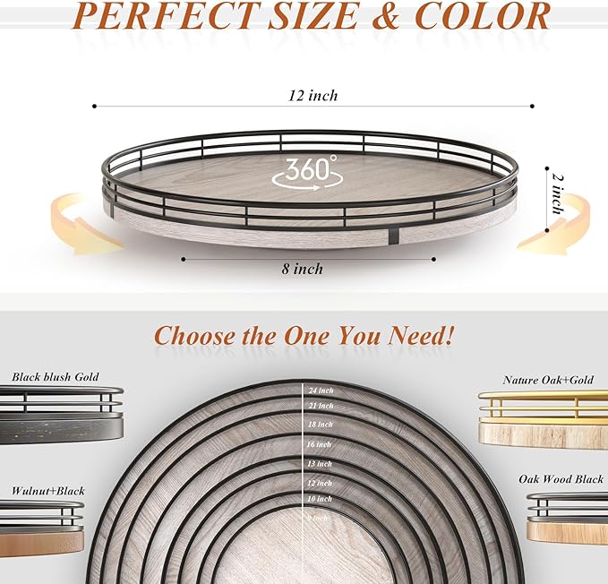 12" Farmhouse Lazy Susan for Kitchen & Coffee Table Decor – Rustic Wood Tray with Black Metal Frame, Decorative Centerpiece for Dining Room, Ottoman, Living Room, Serving or Vanity Use-Ruum Studio Home